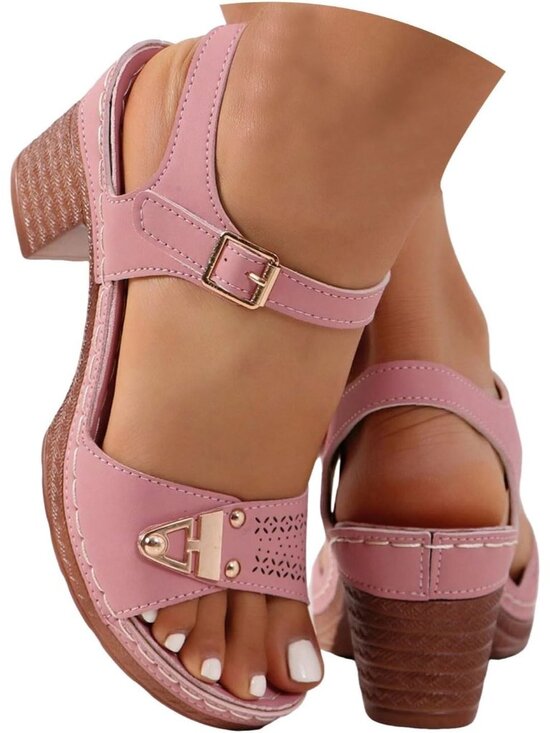 Shoes - Women's Pink Dressy Low Block Chunky Heels Ankle Strap Comfortable Open Toe
